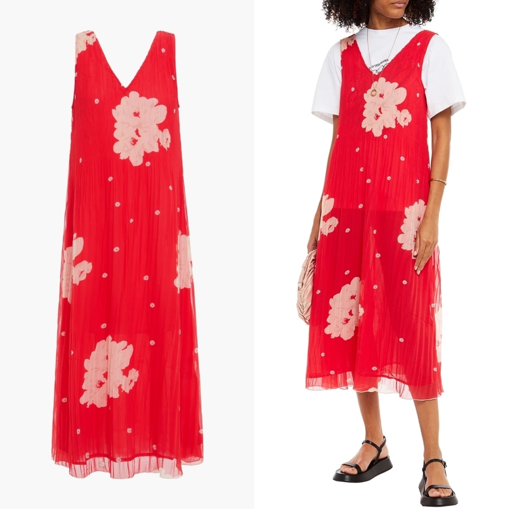 Ganni Pleated Floral Print Georgette Midi Dress
